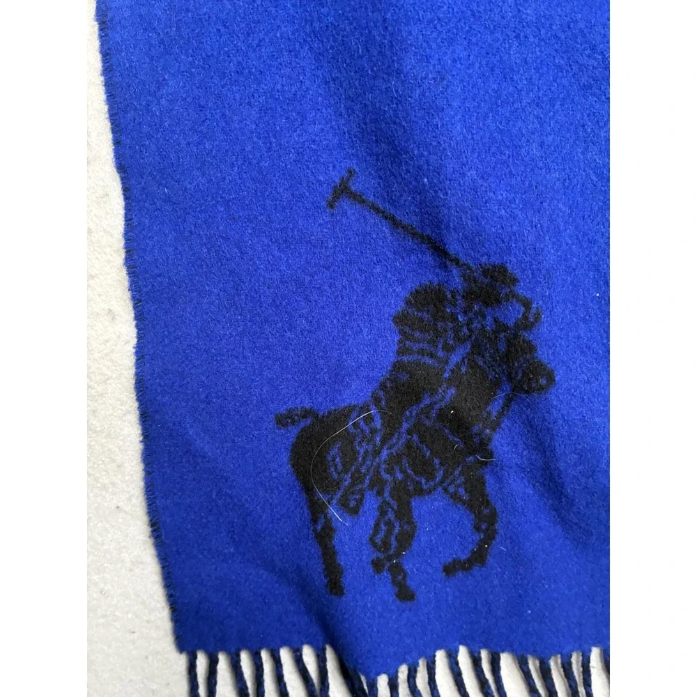 Polo Ralph Lauren Reversible Scarf Black Royal Blue Big Pony Lambswool Italy